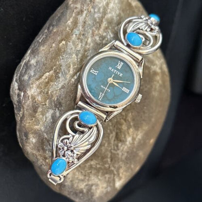 Authentic Navajo Turquoise Feather Wrist Watch Tips Band | Sterling Silver | Native American Jewelry | 14314
