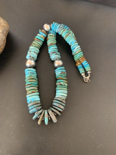 Navajo Blue Green Turquoise Necklace | Sterling Silver | Authentic Native American | 20" | Graduated | 11885