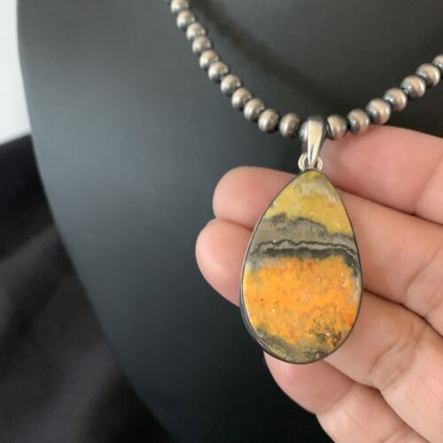 Navajo Yellow Bumblebee Jasper Pendant Necklace | Sterling Silver | Authentic Native American Handmade | 12805