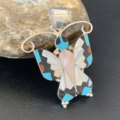 Zuni Blue Turquoise Coral Butterfly Inlay Pendant | Sterling Silver Necklace | Authentic Native American Inlay | 11967 - Masha USA