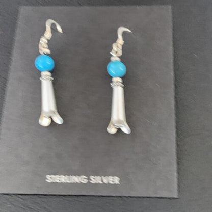 Women's Squash Blossom Dangle Earrings | Sterling Silver Blue Turquoise | 1.25" | 13019