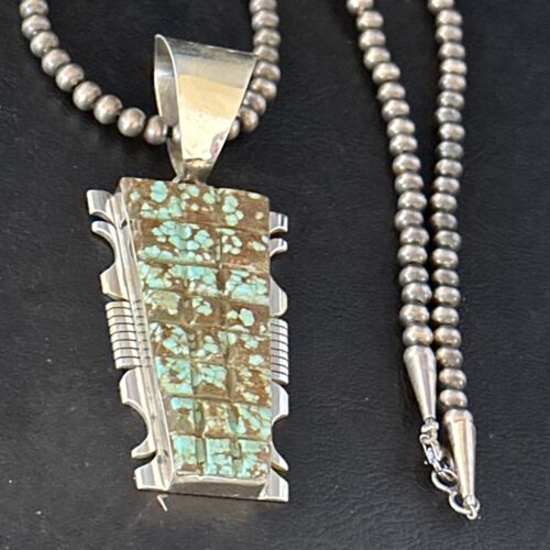 Authentic Native American Navajo Blue Turquoise Necklace Pendant | Sterling Silver | 8" | 14462