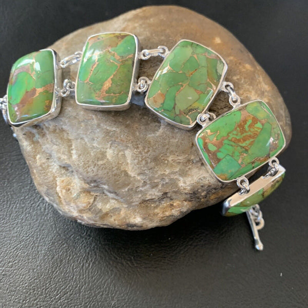 Navajo Green Mojave Turquoise Link Bracelet | Sterling Silver | 8" | Authentic Native American Handmade | 11645