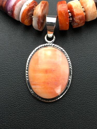 Navajo Orange Spiny Oyster Pendant Necklace Set | Sterling Silver | Authentic Native American Handmade | 2772