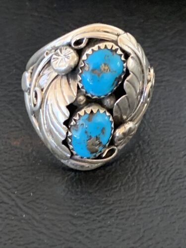 Navajo Blue Kingman Turquoise Feather Ring | Authentic Native American Sterling Silver | Multi-Stone | Sz 10.5 | 12219