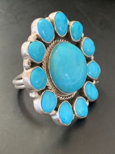 Navajo Blue Kingman Turquoise Cluster Ring | Authentic Native American Sterling Silver | Multi-Stone | Sz 7.5 | 11529