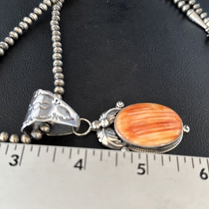 Navajo Pearls Orange Spiny Oyster Pendant Necklace | Sterling Silver | Authentic Native American Handmade | 14722