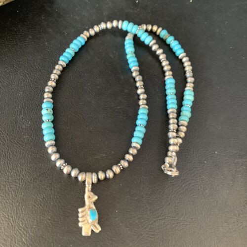 Navajo Blue Turquoise Inlay Pendant Necklace | Sterling Silver | Native American Handmade | 13837