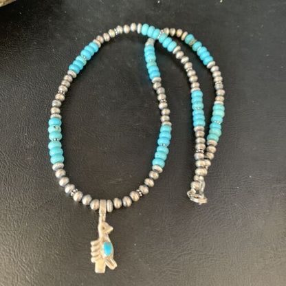 Navajo Blue Turquoise Inlay Pendant Necklace | Sterling Silver | Native American Handmade | 13837