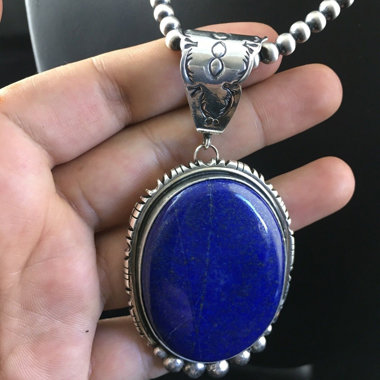 Native American Men's Navajo Pearls Necklace Pendant | Sterling Silver Blue Lapis | 10118