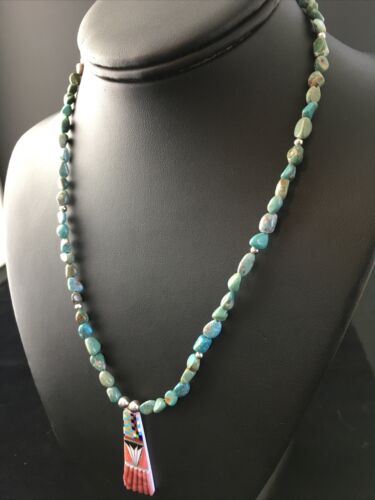 Authentic Native American Navajo Sterling Silver Necklace with Green Turquoise Inlay Pendant | 25" | 1751