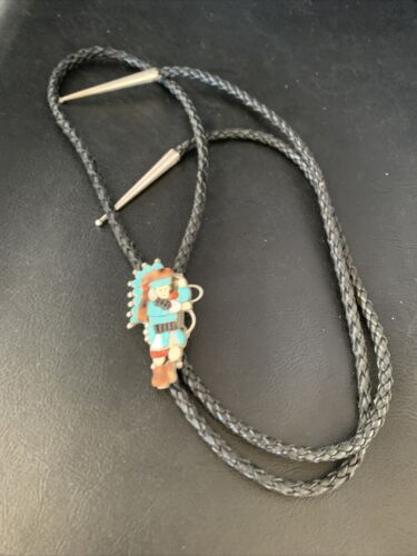 Men's Bolo Tie | Zuni Kachina | Blue Kingman Turquoise & Coral | Sterling Silver | 13672
