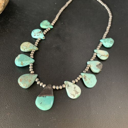Navajo Pearls Blue Turquoise Teardrop Necklace | Sterling Silver | 20" | Authentic Native American Handmade | 13429