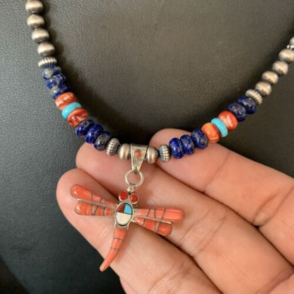 Navajo Dragonfly Pendant | Sterling Silver Turquoise Coral Multi-Color Inlay | Authentic Native American Handmade | 13556 - Masha USA
