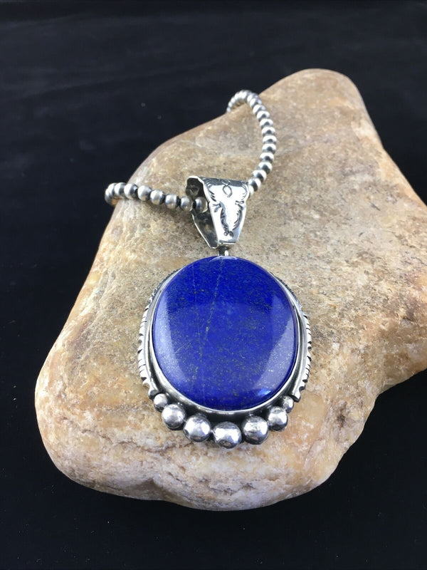 Native American Men's Navajo Pearls Necklace Pendant | Sterling Silver Blue Lapis | 10118