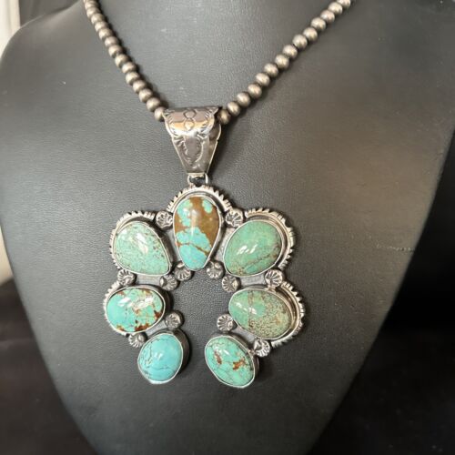 Navajo Blue #8 Turquoise Squash Blossom Necklace Pendant | Authentic Native American Sterling Silver | Naja | 14355