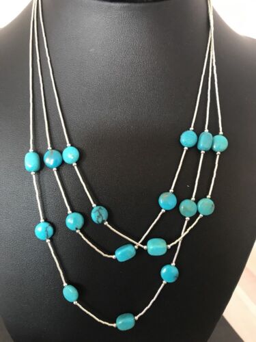 Turquoise Liquid Heishi 3 Strand Necklace | Graduated Sterling Tube | Authentic Native American Handmade | 3695