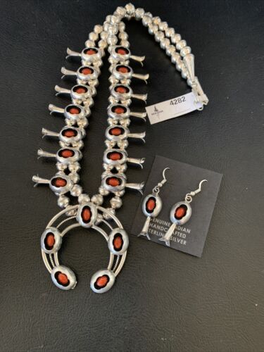 Navajo Coral Squash Blossom Necklace & Earrings Set | Sterling Silver | Authentic Native American Handmade | 13361