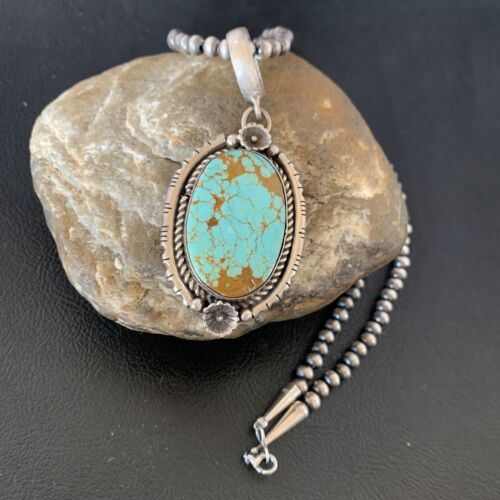 USA Mens Sterling Turquoise #8 Pendant Navajo Pearl Necklace American 13260