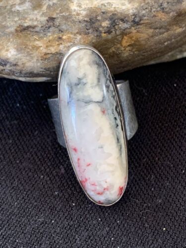 Native American Men's Navajo Cinnabrite Ring | White Black | Sterling Silver | Sz 7.5 | 1555
