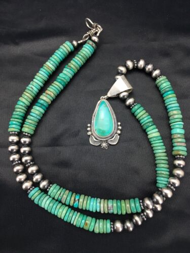 Navajo Green Turquoise Pendant Necklace | Sterling Silver | Authentic Native American Handmade | 2645