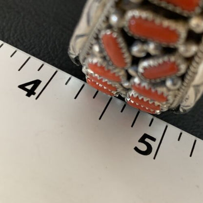 Navajo Multi-Stone Red Coral Bracelet | Sterling Silver | Authentic Native American Handmade | 12235