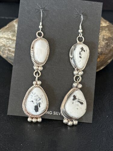 Navajo White Buffalo Turquoise Dangle Earrings | Sterling Silver | 2.5" | Authentic Native American Handmade | 14801