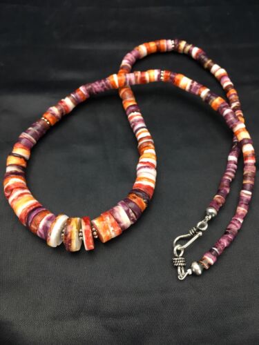 Orange Purple Spiny Oyster Necklace | Navajo Sterling Silver | Authentic Native American Jewelry | 20"
