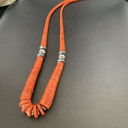 Navajo Apple Sponge Coral Bead Graduated Necklace | Sterling Silver | Authentic Native American | 25" | 11752