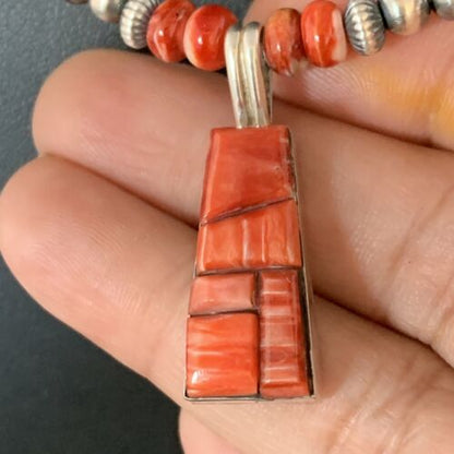 Navajo Pearls Red Spiny Oyster Sterling Necklace | Inlay Pendant | 20" | Native American Jewelry | 13652