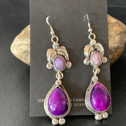 Navajo Purple Sugilite Dangle Earrings | Sterling Silver | 2" | Authentic Native American Handmade | 12881