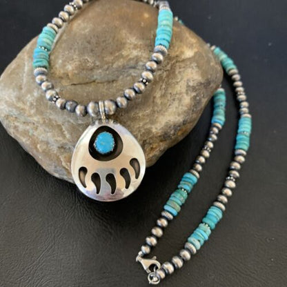 Navajo Bear Paw Pendant Necklace | Sterling Silver | Blue Turquoise | Men's | Authentic Native American Handmade | 12550