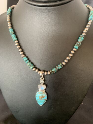 Navajo Pearls Necklace with Blue Mojave Turquoise Moon Pendant | Authentic Native American Sterling Silver | Multi-Stone | 11912