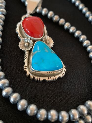 Navajo Kingman Turquoise, Coral, and Multi-Stone Pendant Necklace | Authentic Native American Sterling Silver | 2534
