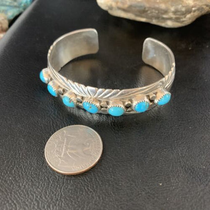 Navajo Blue Kingman Turquoise Cuff Bracelet | Sterling Silver | 7 Stone | Authentic Native American Handmade | 14212