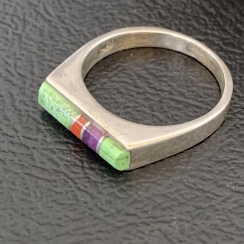Southwestern Navajo Green Gaspeite Sugilite Red Coral Inlay Ring | Sz 6 | 10991