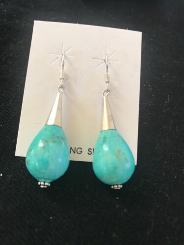 Native American Blue Turquoise Bead Dangle Earrings |  Navajo Handmade Sterling Silver | 960