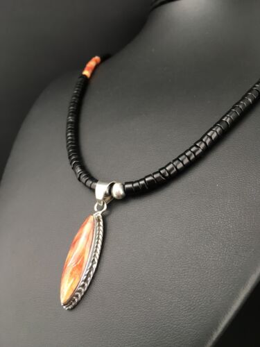 Spiny Oyster Pendant | Black Onyx Heishi | Navajo Sterling Necklace 22" | 4871