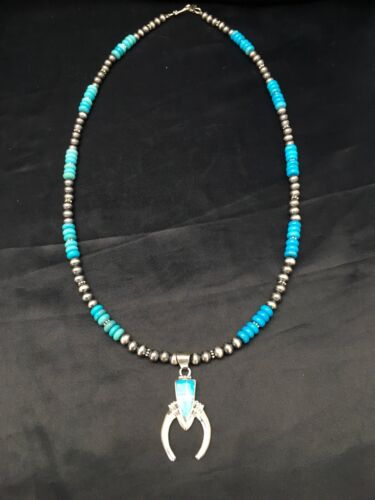 Navajo Blue Turquoise Naja Pendant Necklace | Sterling Silver | Authentic Native American Handmade | 2699 - Masha USA