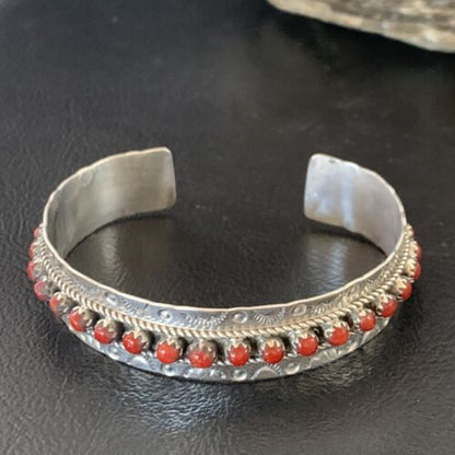 Zuni Red Coral Cuff Bracelet | Sterling Silver | Authentic Native American Handmade | 14179