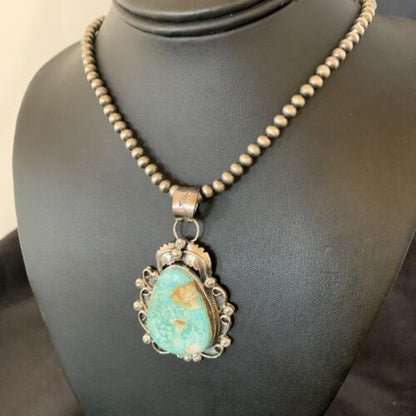 Women's Navajo Pearls Necklace with Green Royston Turquoise Pendant | Sterling Silver | 12291