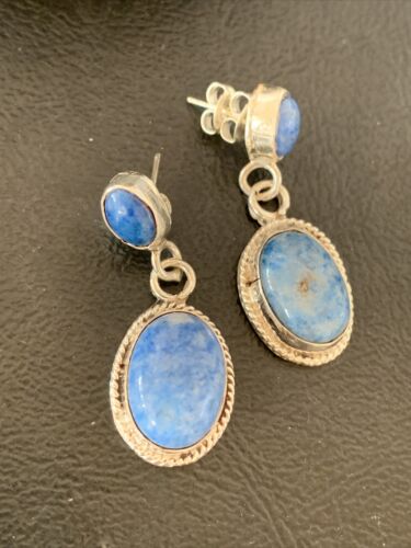 Navajo Denim Lapis Dangle Earrings | Sterling Silver | 1.1" | Authentic Native American Handmade | 1699