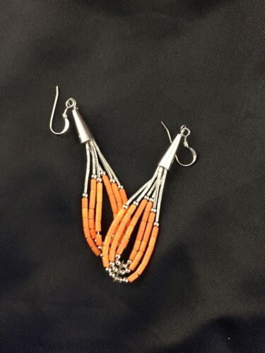 Native American Liquid Silver Heishi Dangle Earrings | Orange Coral | Sterling Silver | 2" | 2033