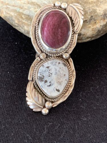 Navajo White Buffalo Turquoise & Spiny Oyster Multi-Stone Ring | Authentic Native American Sterling Silver | Sz 9 | 307