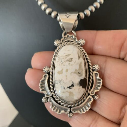Navajo White Turquoise Buffalo Pendant Necklace | Sterling Silver | Authentic Native American Handmade | 1369