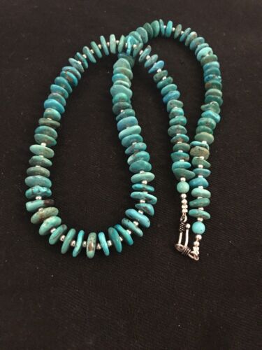 Santo Domingo Kingman Turquoise Necklace | Sterling Silver | 21" | Authentic Native American Handmade | 3996 - Masha USA