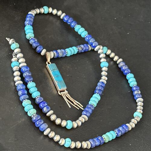 Navajo Blue Turquoise Lapis Necklace Inlay Pendant | Sterling Silver | Authentic Native American Handmade | 14637