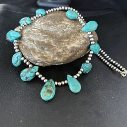 Navajo Teardrop Blue Turquoise Necklace | Sterling Silver Pearls | Authentic Native American Handmade | 14388