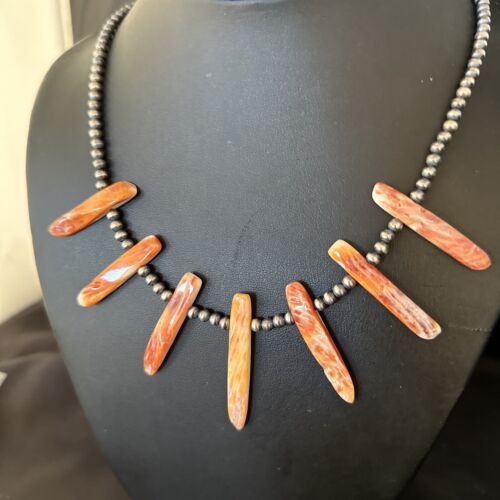 Navajo Orange Spiny Oyster Stick Bead Necklace | Sterling Silver | 20" | Authentic Native American Handmade | 14320