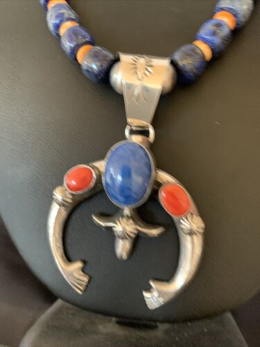 Navajo Native American Blue Lapis Spiny Oyster Naja Pendant | Sterling Silver | 11495